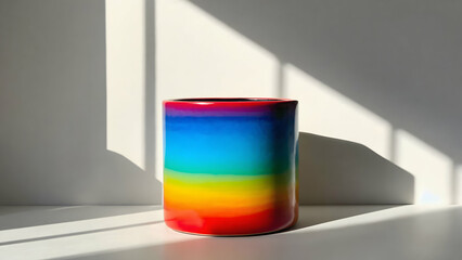 Bright rainbow mug on a light-colored surface showcases shadows and vibrant colors in afternoon sunlight