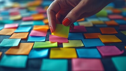 Obraz premium Close-up of hands placing colorful sticky notes on board during a brainstorming session, collaborative moment, clear bright office lighting