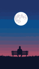 Full Moon Over a Long Person in Park Bench &ndash; Night Landscape Scene
