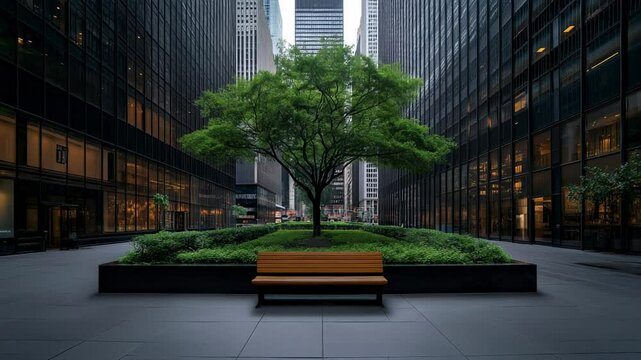 A serene green oasis contrasts with the surrounding skyscrapers, featuring a lush tree and a wooden bench perfect for moments of respite in the urban jungle.