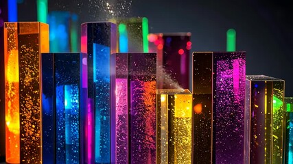 Colorful light refracts through textured glass blocks of various sizes - Powered by Adobe