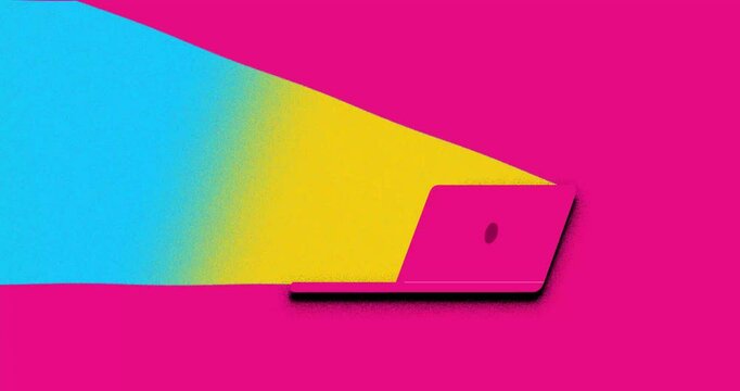 Cartoon laptop flat design CMYK opening on magenta screen. Volumetric screen light noisy animation good for business, explainer. Business animated element 4k good for any video movie.