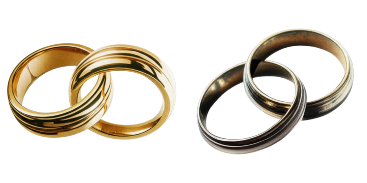 PNG Two interlocking gold and silver wedding rings are displayed on a transparent background. - Powered by Adobe