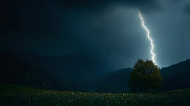 Dramatic lightning strikes illuminate a night landscape with a tree in a nature storm scenery shot