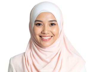 Headshot portrait of a beautiful smiling young Asian woman in a light pink hijab looking confidently at the camera
