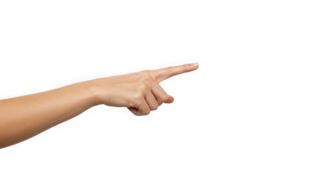 A woman's arm and hand pointing to the right on a transparent background isolated