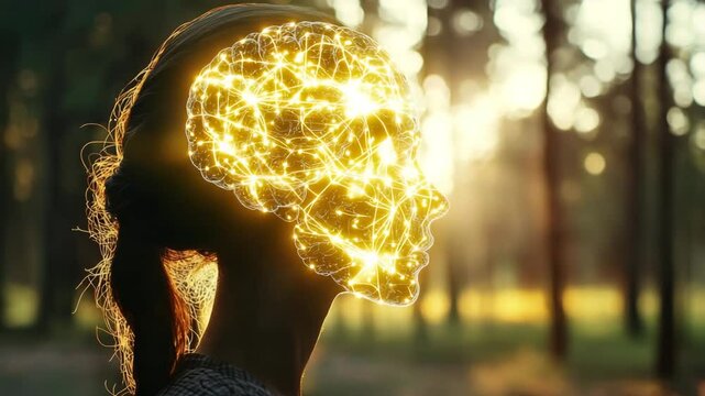 Human head in profile with glowing neural brain made of light points and connections. Abstract thinking concept. Forest background with sun rays adds calm, mysterious and natural harmony.