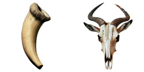 PNG skull and a horn are arranged on a white background.