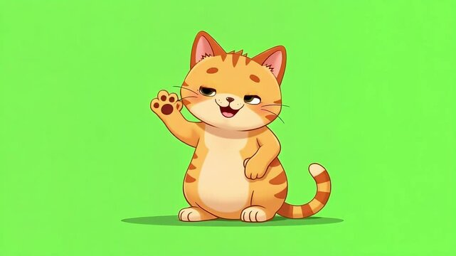Adorable Orange Tabby Kitten Waves Hello Green Screen Animation for Kids Cartoon Character
