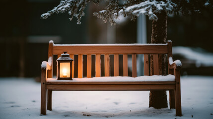 Cozy wooden bench covered in snow, illuminated by warm lantern, creates serene winter scene