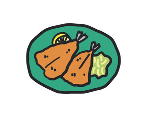 アジフライのラフな線あり手描きイラスト。レモンとキャベツ