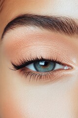 Obraz premium Close view of eye with long lashes and neutral eye color. Soft skin texture and eyebrow detail. Natural light on face.