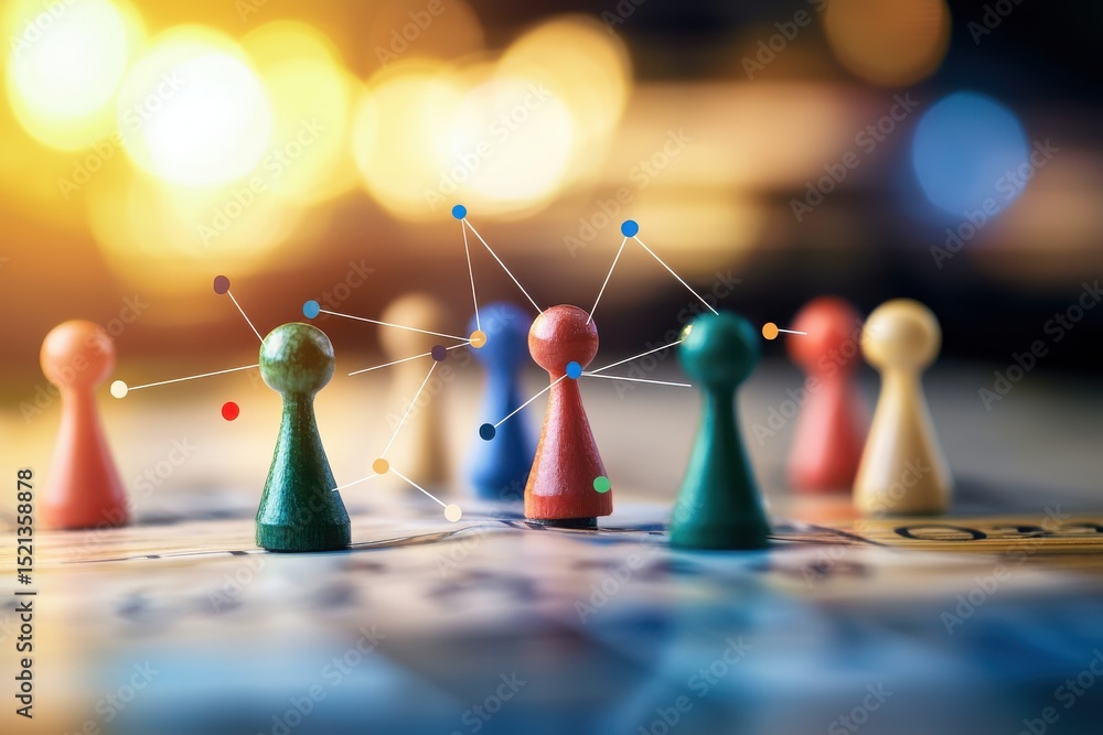 Poster strategic networking event game pieces and connections urban setting close-up photography profession
