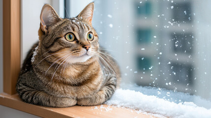Cozy cat gazes out at snowy landscape from warm windowsill, enjoying winter scene