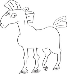 funny standing horse with short tail looks at camera in surprise, curved lines drawn by hand with a black brush