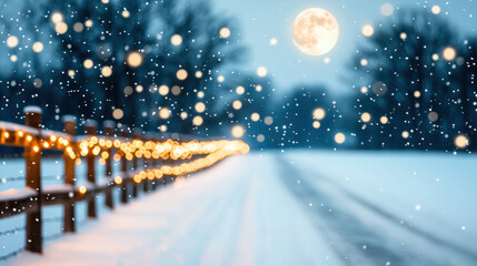 Serene snowy landscape with glowing moon and festive lights along fence creates magical