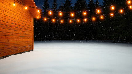 Cozy wooden cabin illuminated by warm string lights, surrounded by snowy landscape at night