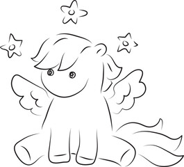 cute little pegasus sitting among the stars, front view, curved lines drawn by hand with a black brush