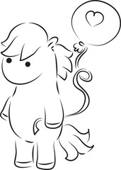 cute little pony standing on his feet holding a balloon, curved lines drawn by hand with a black brush