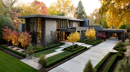 Aerial view of geometric hedge patterns around contemporary home exterior in soft morning light, architectural landscaping with blurred surroundings.