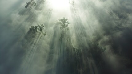 Fototapeta premium Whispers of Light: Unveiling the Enchantment of Sunlight Piercing Through Forest Mist