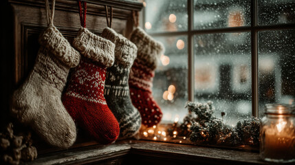 Cozy fireplace with hanging stockings, snow falling outside, creating warm holiday atmosphere