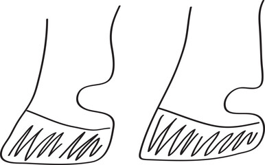 two horse hooves close up, roughly drawn, curved lines drawn by hand with a black brush