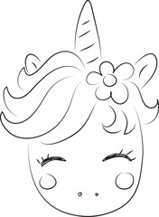 cute happy unicorn head with flower in mane front view, curved lines drawn by hand with a black brush