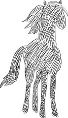 shaded silhouette of a horse standing upright, front view, curved lines drawn by hand with a black brush