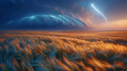 Dramatic shelf cloud looms over wheat field as lightning flashes during sunset creating a scenic view - Powered by Adobe
