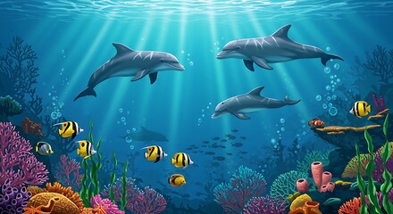 Fototapeta premium Ocean Unity: Silhouette of Marine Creatures in Harmony