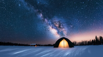 Serene tent illuminated under starlit sky, surrounded by snowy field and trees
