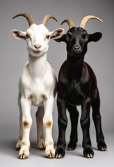White and Black Young Goats Standing Side by Side Against Neutral Background