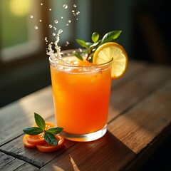 Fototapeta premium Refreshing Orange Juice with Splash, Lemon and Mint on Wooden Table