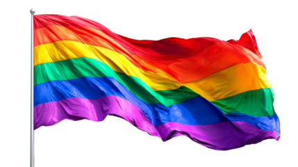 Colorful rainbow flag waving isolated on transparent background. LGBTQ pride month concept