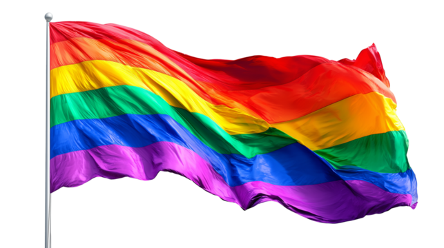 Colorful rainbow flag waving isolated on transparent background. LGBTQ pride month concept