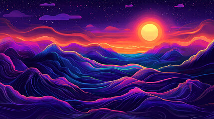 Abstract image of a round celestial body on the horizon. Illustration in blue, red and light blue tones for use in graphics, design and screensavers.