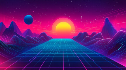 Abstract image of a round celestial body on the horizon. Illustration in blue, red and light blue tones for use in graphics, design and screensavers.