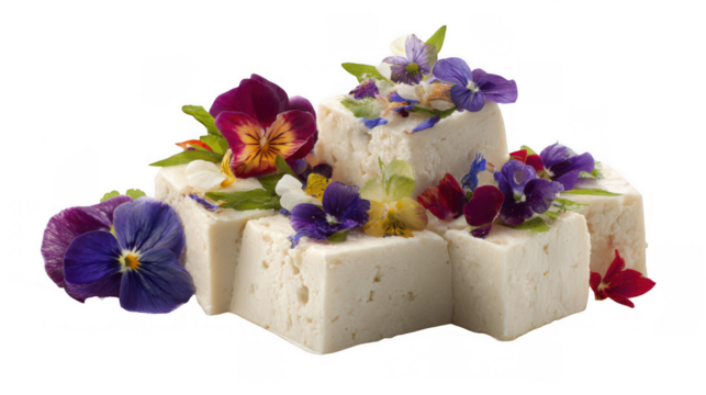 Delicate cubes of tofu arranged with vibrant edible flowers create an appetizing presentation against a transparent background