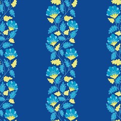 Seamless floral pattern with blue and yellow stylized flowers and leaves on a blue background. Bright, modern botanical design perfect for textiles, wallpapers, packaging, and surface decoration