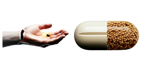 PNG hand offers a small capsule against a transparent background.
