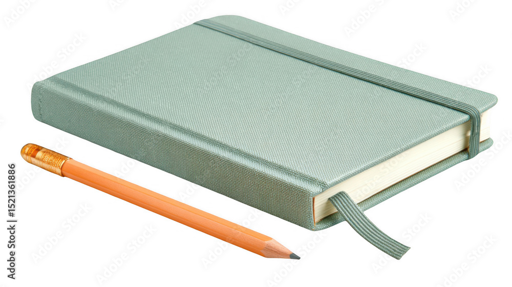 Poster closed sage green notebook with a matching elastic closure lies near an orange pencil on a transpare