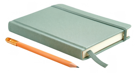 Closed sage green notebook with a matching elastic closure lies near an orange pencil on a transparent background, creating a simple yet evocative scene of potential and preparation
