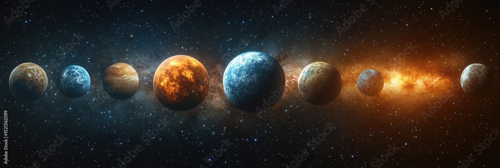 Poster digital rendering showcases alignment of planets in the solar system with a cosmic backdrop