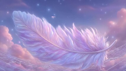 Dreamy feather rests gently on a dreamcatcher against a pastel cloudscape under a starry night sky - Powered by Adobe