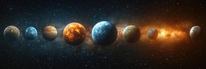 Digital rendering showcases alignment of planets in the solar system with a cosmic backdrop