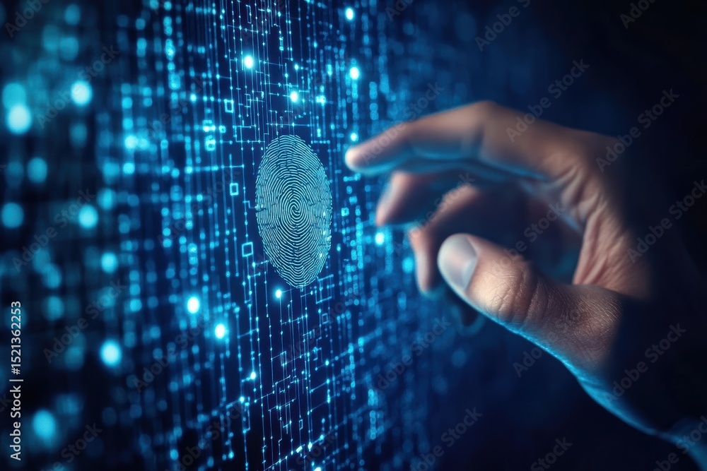 Poster fingerprint scan utilized for secure biometric authentication in a digital environment