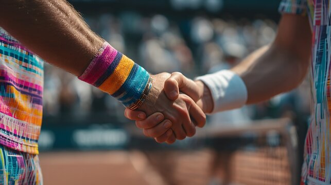Sportsmanship moment of tennis player shaking hands at the net after a colorful match victory