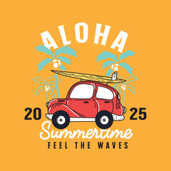 Retro Summer Car with Surfboard, Aloha, and 2025 Dates