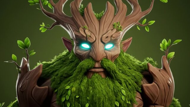 Ancient Tree Guardian with Glowing Blue Eyes and Mossy Wooden Armor Standing Tall